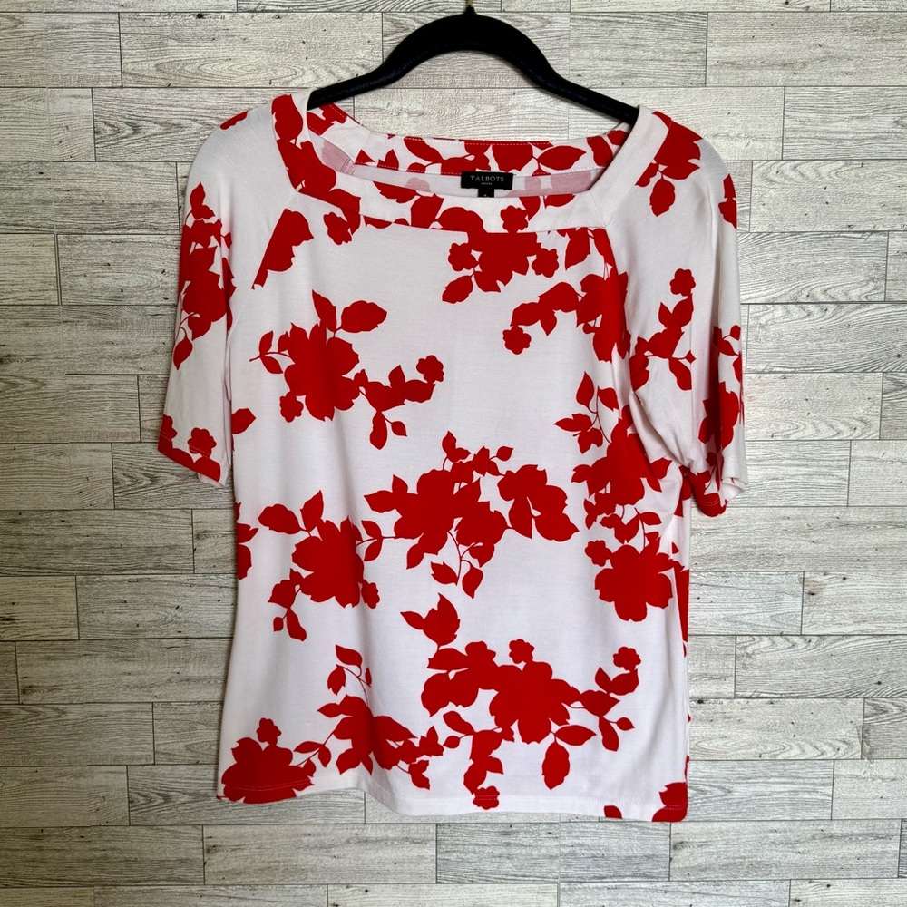 Talbots Womens Red White Floral‎ Top Short Sleeve Rayon Tunic Blouse Sz-Small/P - Picture 8 of 14